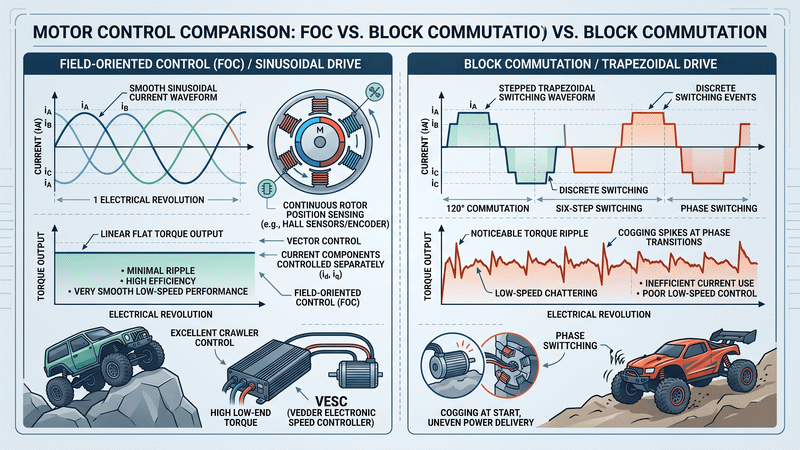 Field-oriented control vs block commutation torque comparison